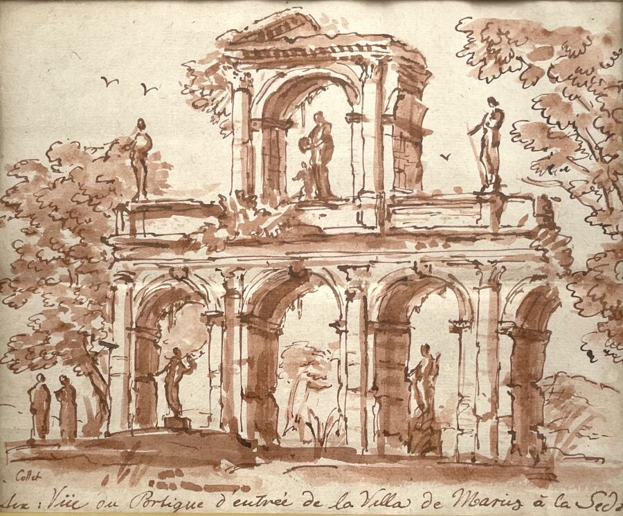 Null 18世纪的味道 
拉塞达的马吕斯别墅的入口门廊景观
水墨画和红色水墨画，左下方有签名，标题为
高13.7厘米；宽度：17厘米（观看时的尺寸）
有框架，&hellip;
