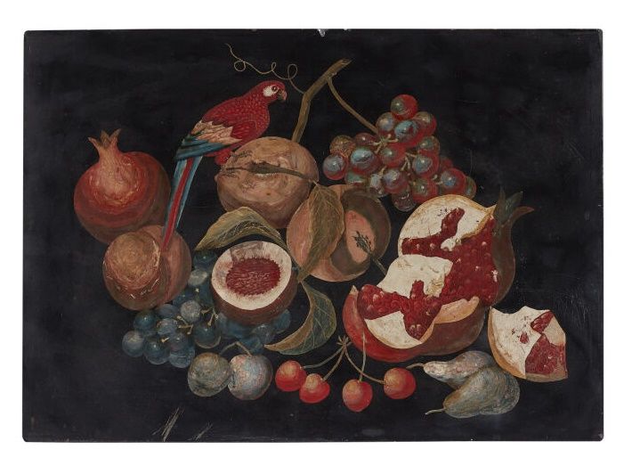 Null 意大利学校，18世纪的味道 
石榴和鹦鹉的静物画 
面板上的scagiole
(小事故。)
高38厘米；宽度：53厘米