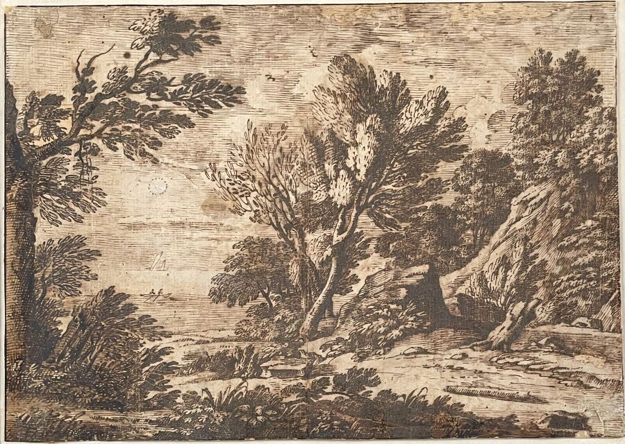 Null 克雷森佐-奥诺弗里奥（1634年罗马-1698年佛罗伦萨）。
月光下的风景
钢笔和棕色墨水，棕色水洗
(图画翻倍，修复缺失。)
高17.6厘米；宽度：&hellip;