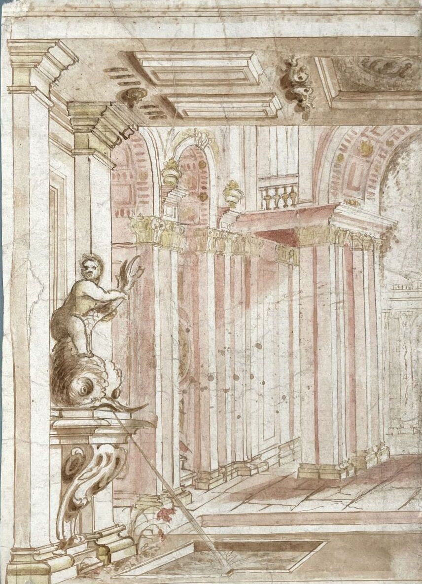 Null 18世纪意大利学校 
宫殿里的喷泉
棕色水洗和红色粉笔水洗在黑色铅笔线条上 
(略有油渍，小污点，边缘有小裂缝和小折痕）。
高28厘米；宽度：20厘米&hellip;