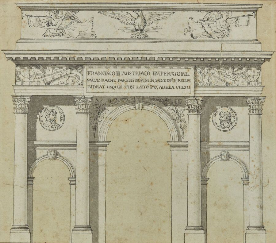 Null 新古典主义的意大利学校
为奥地利弗朗西斯二世建造凯旋门的项目
钢笔和印度墨水，灰色和黄色水洗 
(有些皱纹和小裂缝。)
高19.5厘米；宽度：22.2&hellip;