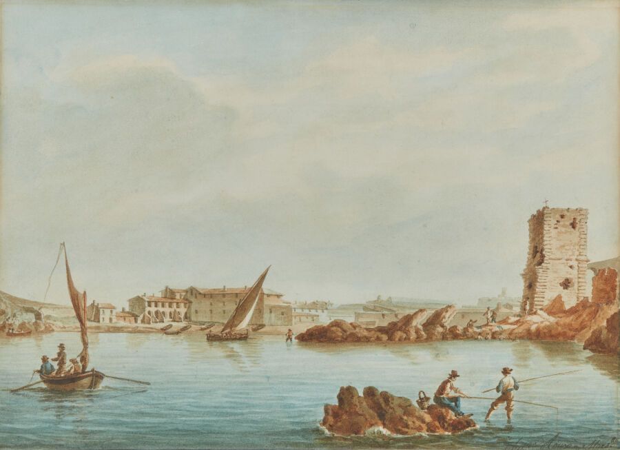 Null 安托万-鲁克斯，儿子（1799-1872 年）
马赛港入口前的渔夫；马赛充满渔夫的海湾
两幅水彩画，右下方有签名
(天空中的复原）。
高21.4 厘米&hellip;