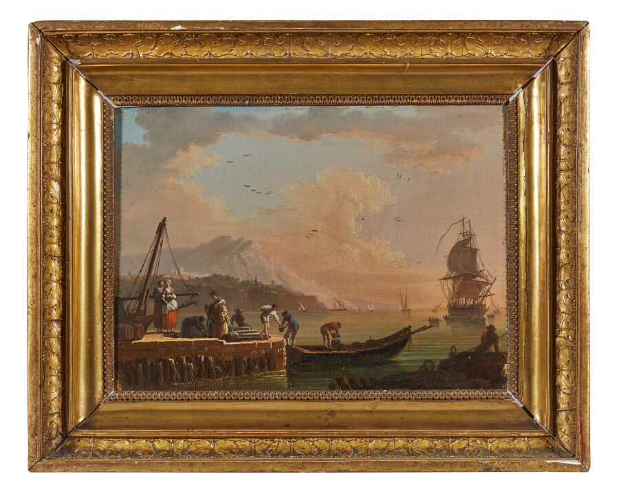 Null 作于让-雅克-弗朗索瓦-陶勒（1757-1832 年）
港口卸货
胡桃木面板，一块木板，未镶木地板
右下方有签名痕迹。
(有裂缝）。
高24.2 厘米&hellip;