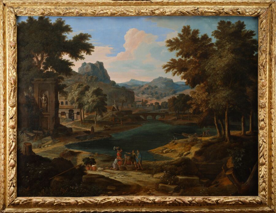 Null 艾蒂安-阿尔勒格朗（巴黎，1644-1736 年）
河边风景与洗衣女工
画布
左侧签名 "ALLEGR / AIN / ESTIEN / NE/ IN&hellip;