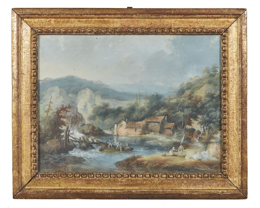 Null Louis BELLANGER (1756-1816) zugeschrieben. 
Belebte Landschaft mit Wildbäch&hellip;