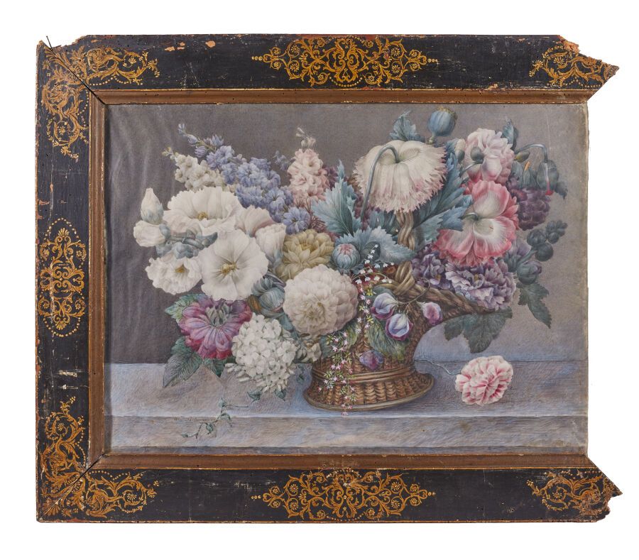 Null Alexandrine-Esther REBOURS
Basket of flowers on an entablature 
Gouache wat&hellip;