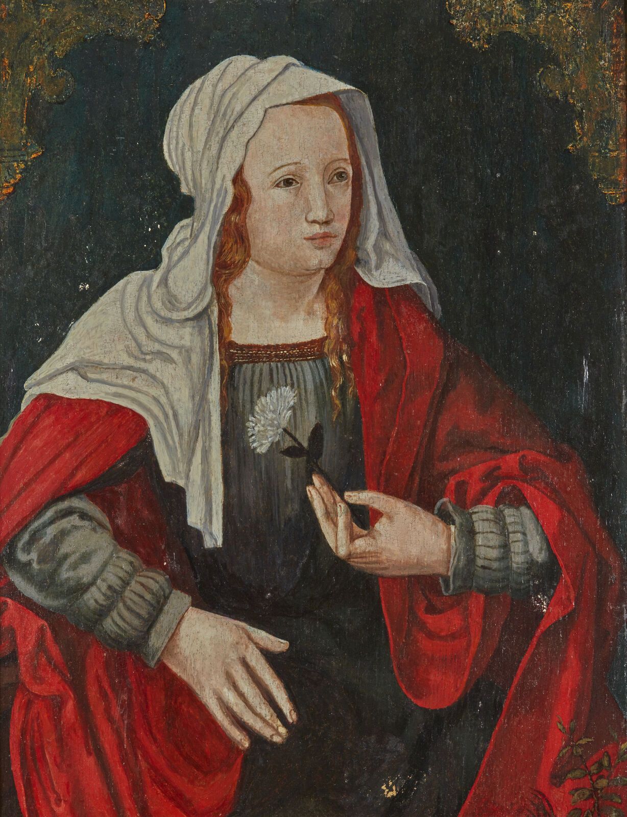 Null 16 世纪北方画派
拿花的女人
面板，一块木板，未镶木地板
(底部靠近边缘处缺失，重绘）。
高38 厘米；宽：29 厘米