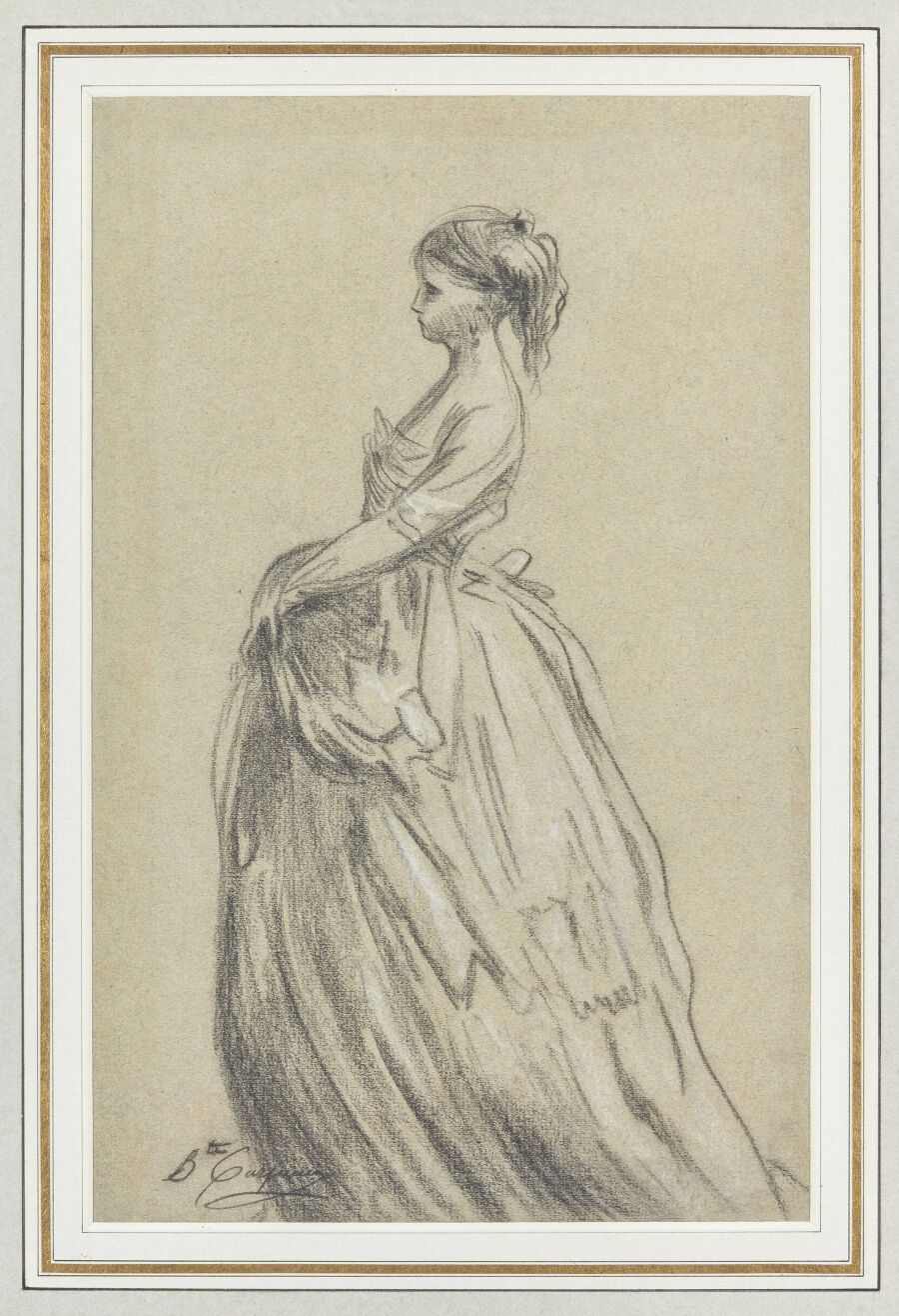 Null 归功于让-巴蒂斯特-卡尔波（1827-1875 年） 
女性侧面
黑色石材和白色粉笔增强画，左下方有天方夜谭式的签名
高30 厘米；宽：19.5 厘米&hellip;