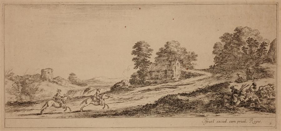 Null Deux cavaliers dans un paysage. Gravure.
188 x 324. En feuille. (Rousseurs.&hellip;