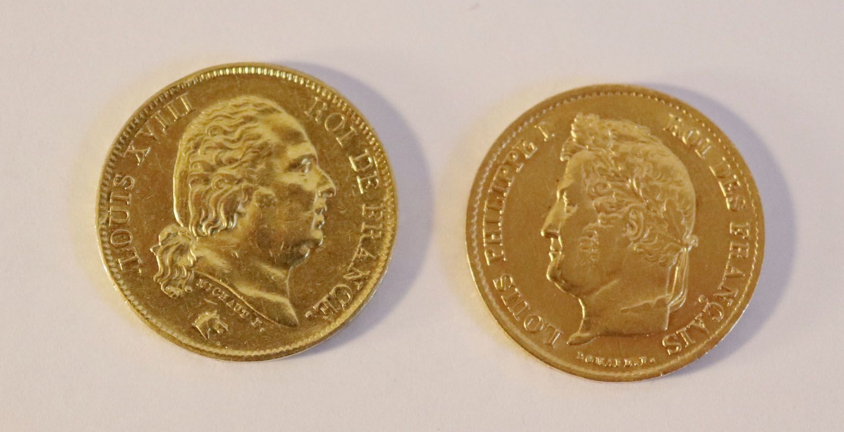 Null 两块40法郎的黄金，一块是路易十八1816年的佩皮尼昂，一块是路易-菲利普1834年的巴黎。