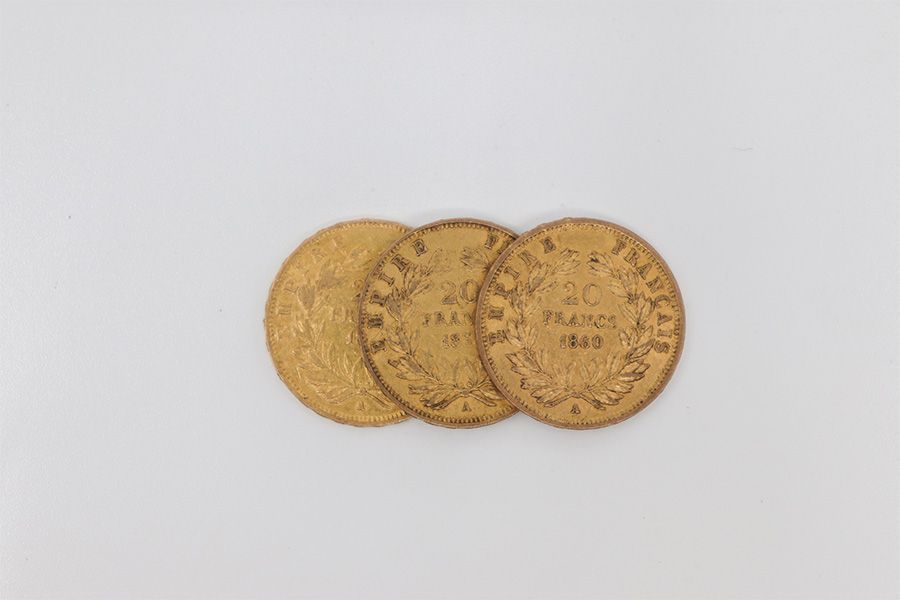 Null Lot de trois pièces de 20 francs en or, Napoléon, datées de 1855, 1860 et 1&hellip;
