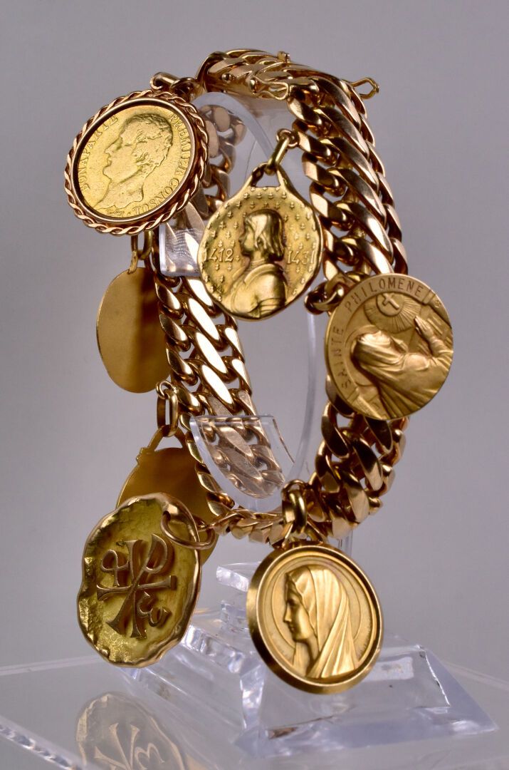 Null Bracelet souple à maille américaine et pendeloques en or jaune 18K 750/1000&hellip;