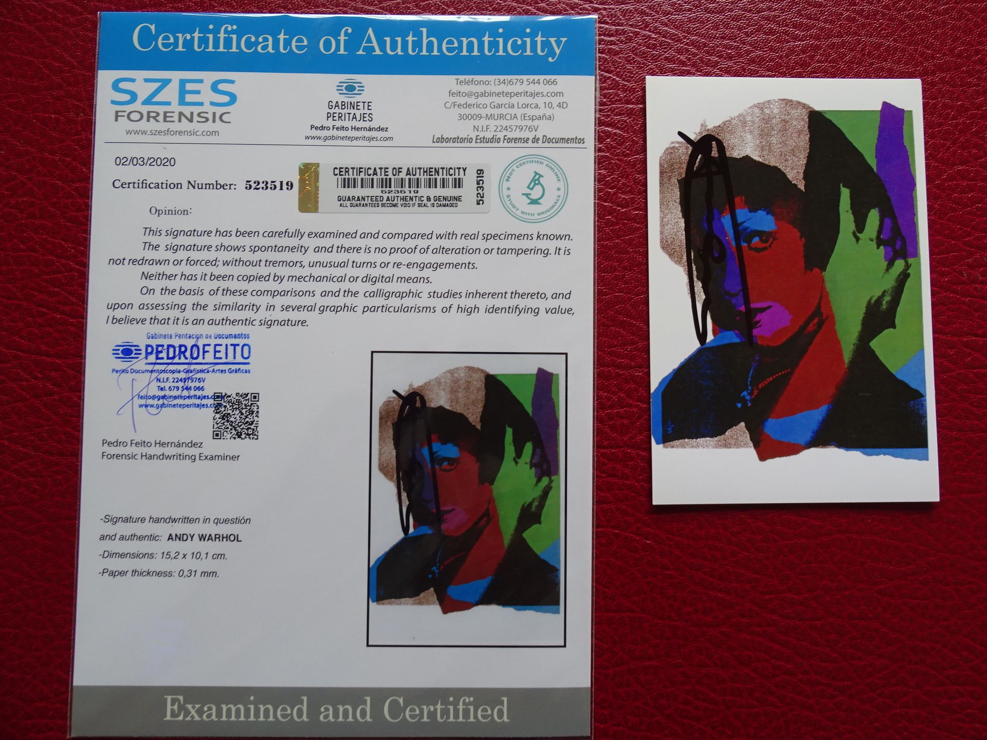 Null Andy Warhol in 1975 (ca 15 x 10 cm) , Certificate of Authenticity included