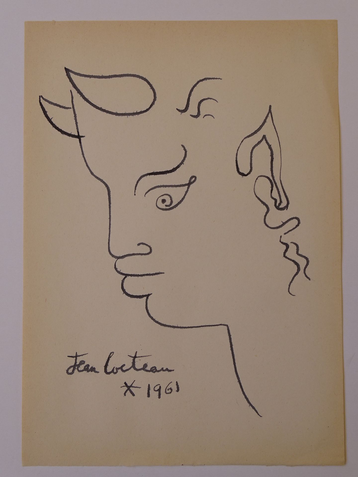 Jean Cocteau 让-科克托（署名），水墨画，手绘，26x18cm