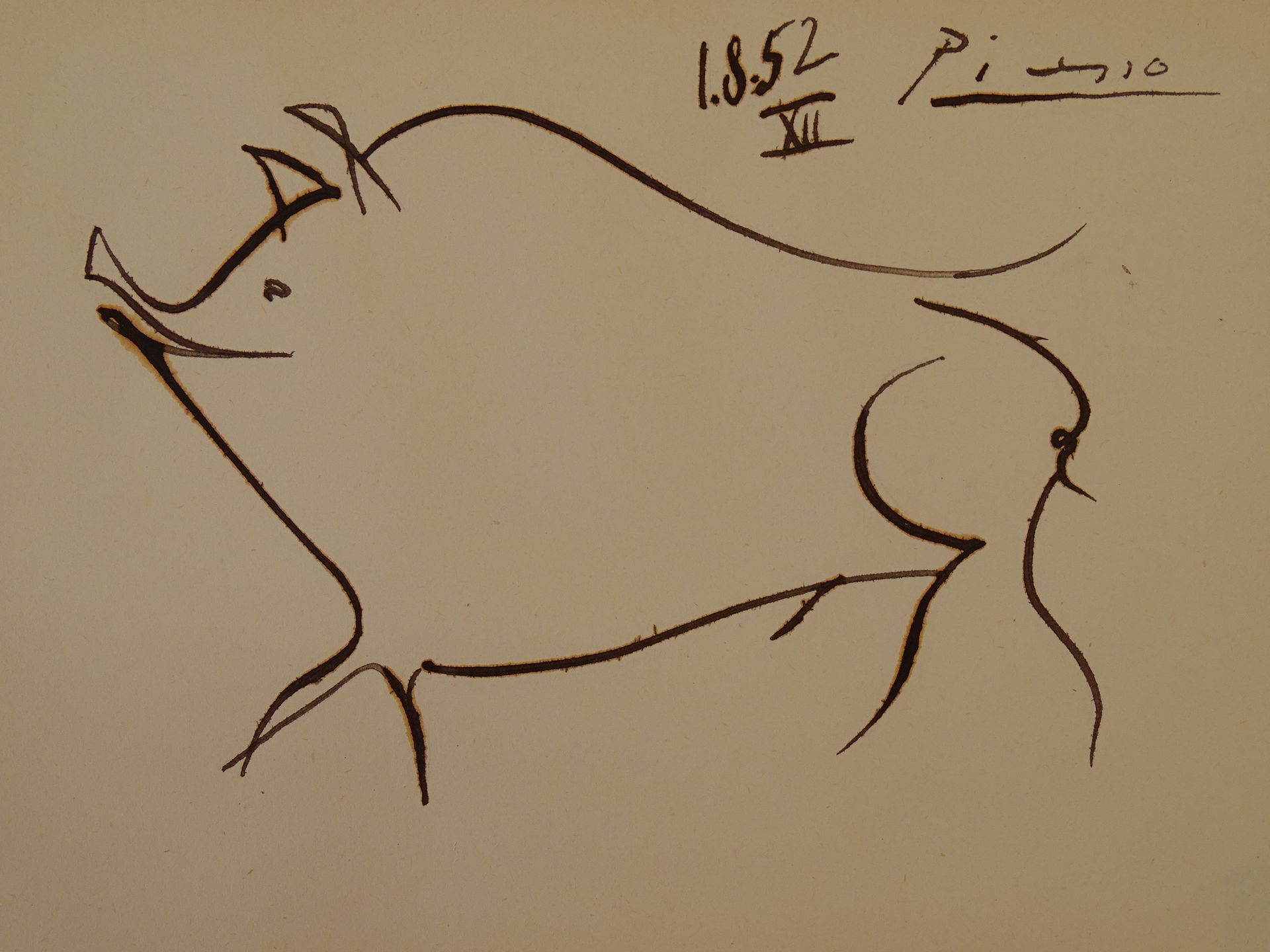 Pablo Picasso 巴勃罗-毕加索--署名，水墨画，约24x17厘米，巴勃罗-鲁伊斯-毕加索是西班牙画家、雕塑家、版画家、陶瓷家和剧院设计师，他成年后大&hellip;