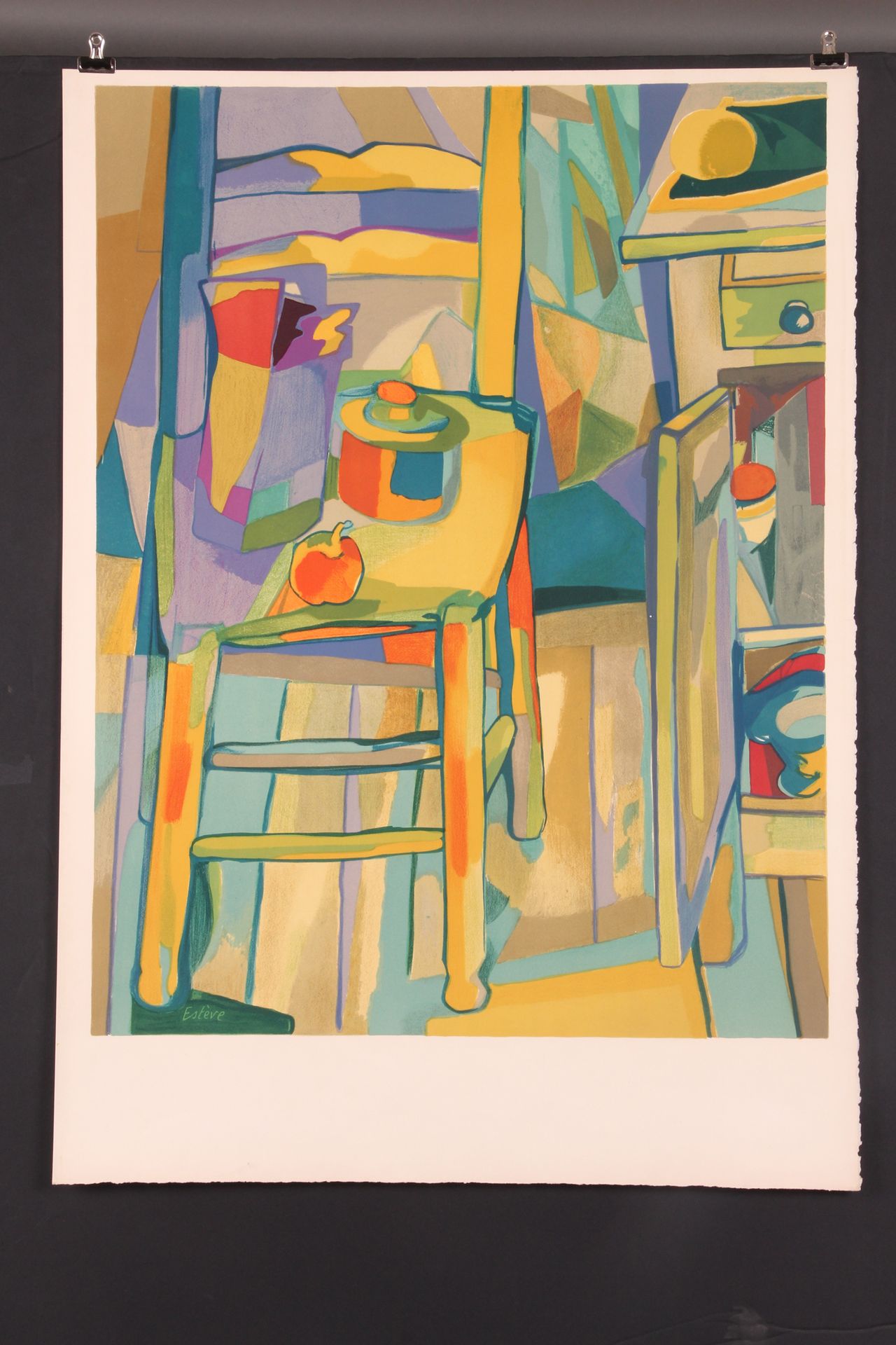 Maurice ESTÈVE. "厨房椅子1942 年"，一套 2 页。彩色石版画，65 x 50.5。版上有签名。附展览海报。"埃斯泰夫 1935-1947 &hellip;