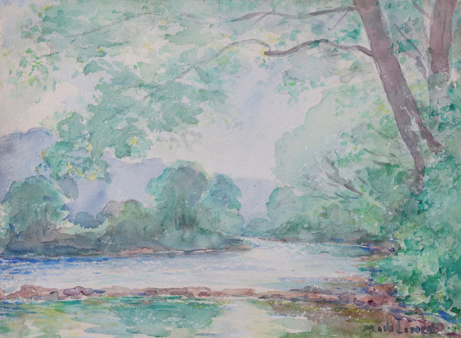 Marcel DE LINCÉ. "Corner of the Ourthe" Watercolor, 25 x 34. Signed lower right.&hellip;