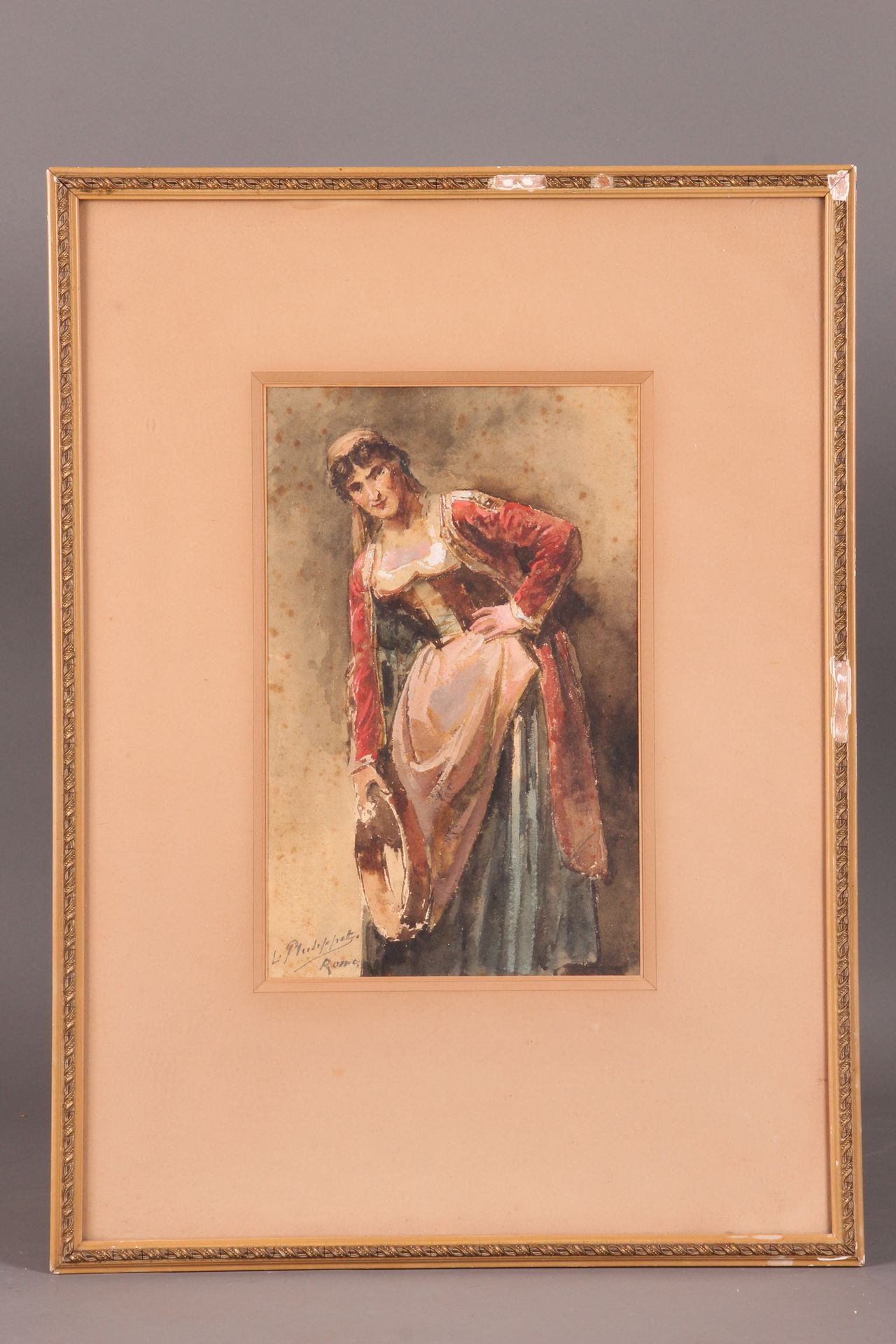 Léon PHILIPPET. "Frau mit Tamburin. Rom" Aquarell, 32 x 20. Signiert in der unte&hellip;