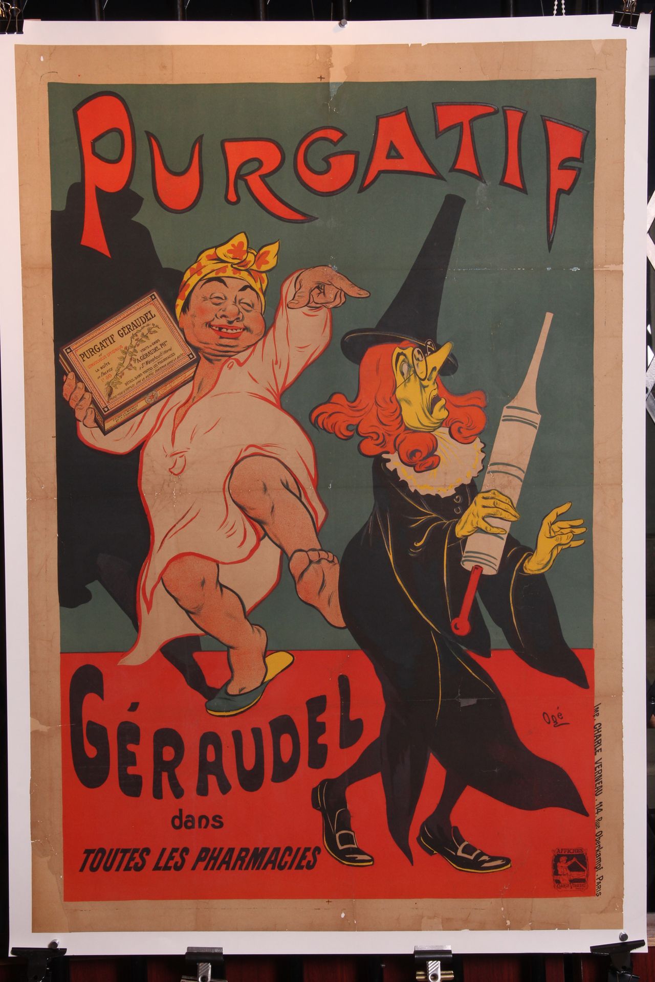 [AFFICHE]. OGÉ. "Purgatif Géraudel" Paris, Ch. Verneau, n.D. Color poster, 120 x&hellip;