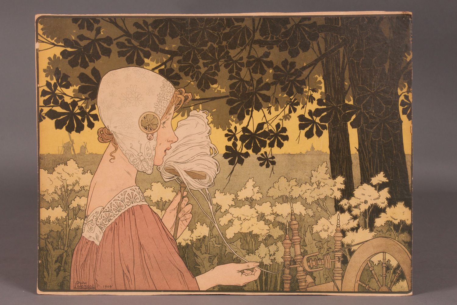 Henri PRIVAT-LIVEMONT. «La fileuse. 1904» Lithographie couleur marouflée carton,&hellip;