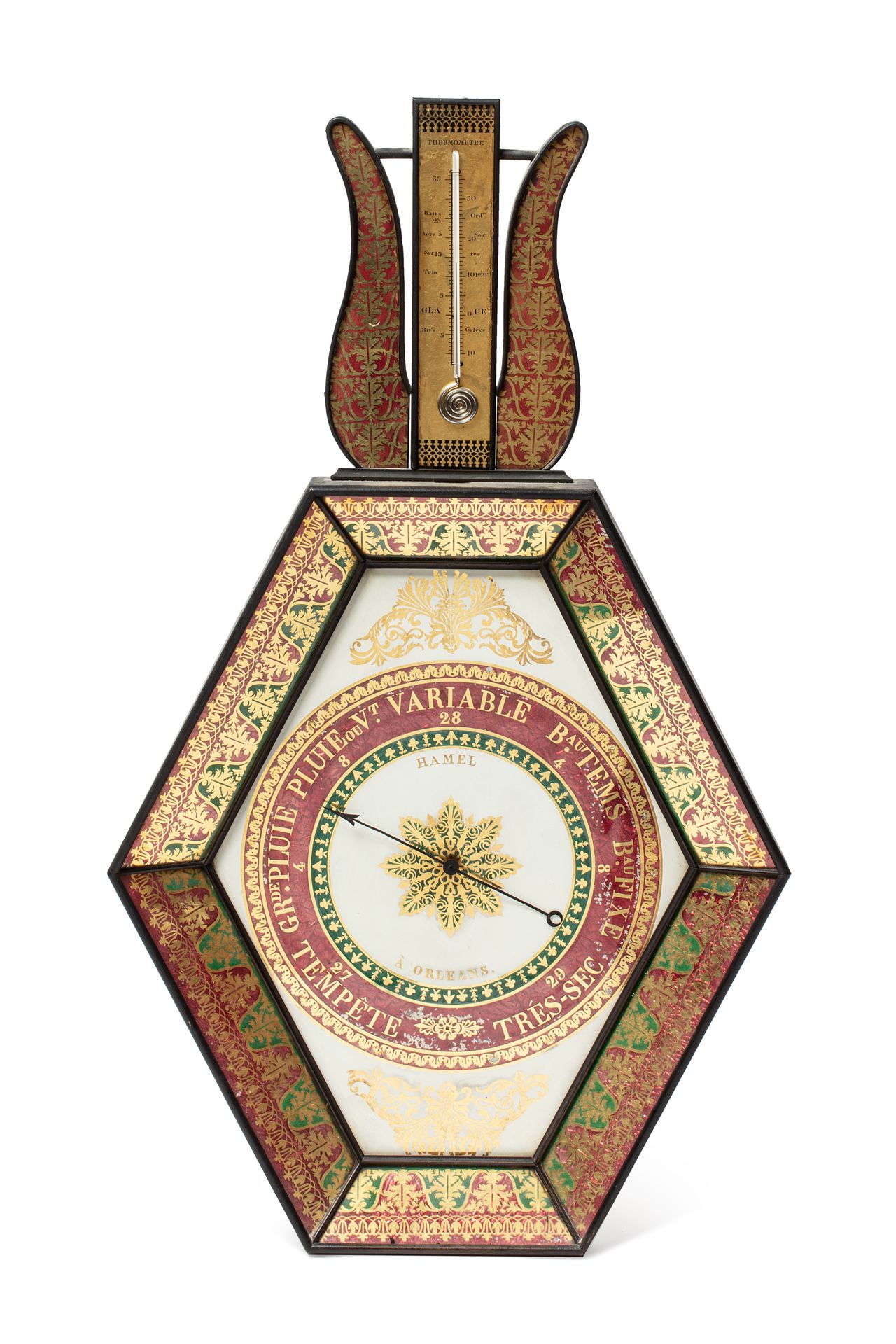 BAROMETRE en bois et verre décor églomisé polychrome, signé Hamel à Orléans 木制和玻&hellip;