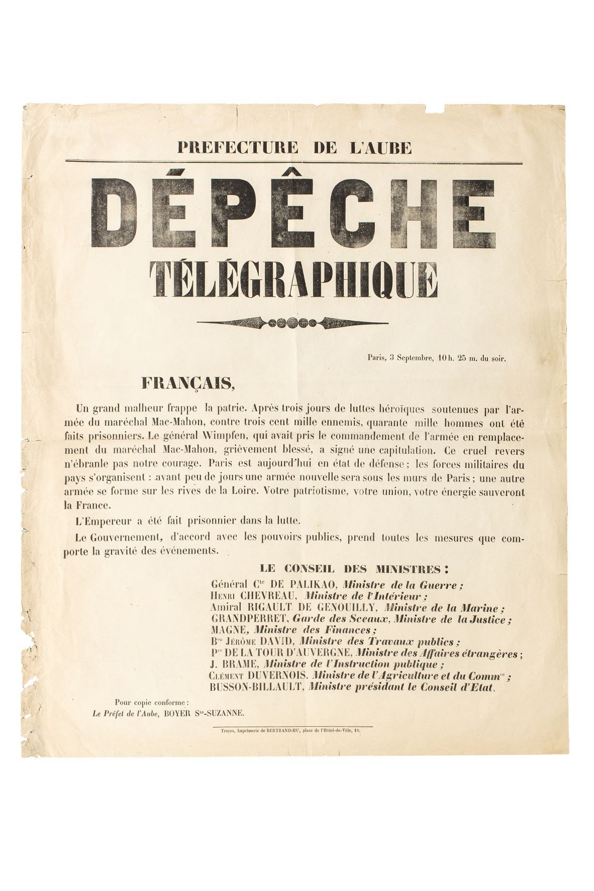 Affiche : "Préfecture de l'Aube. DÉPÊCHE TÉLÉGRAPHIQUE, Paris le 3 Septembre, 10&hellip;