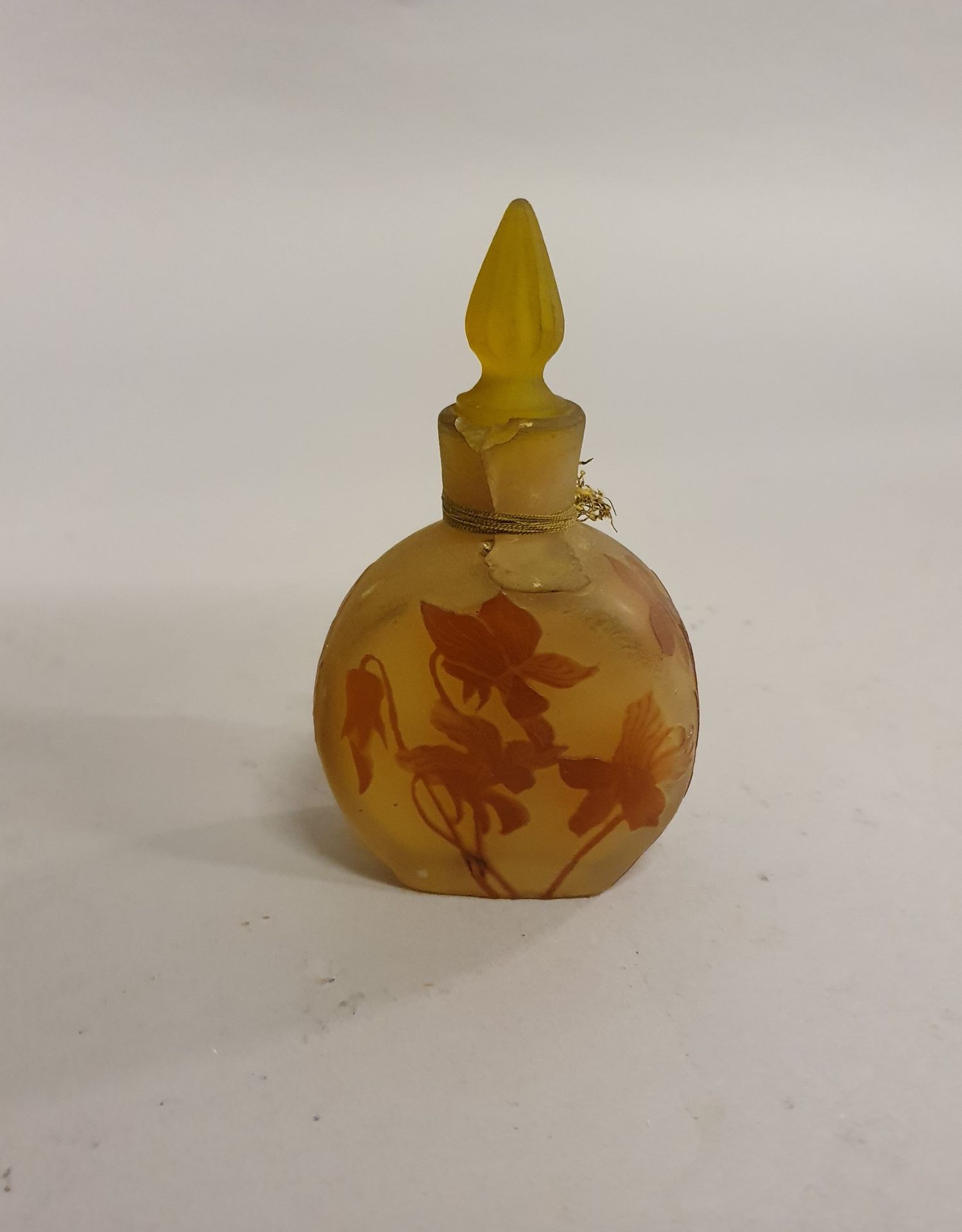 GALLE 伽勒

酸蚀玻璃小香水瓶，黄底橙花，签名。

对颈部的损害

高度：12厘米