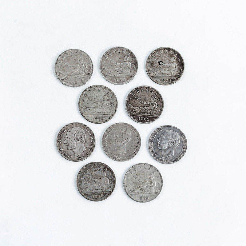 Null Lot de 10 pièces de 2 Pesetas en argent (835 mille), 10,0 g, 27 mm : 1869 (&hellip;