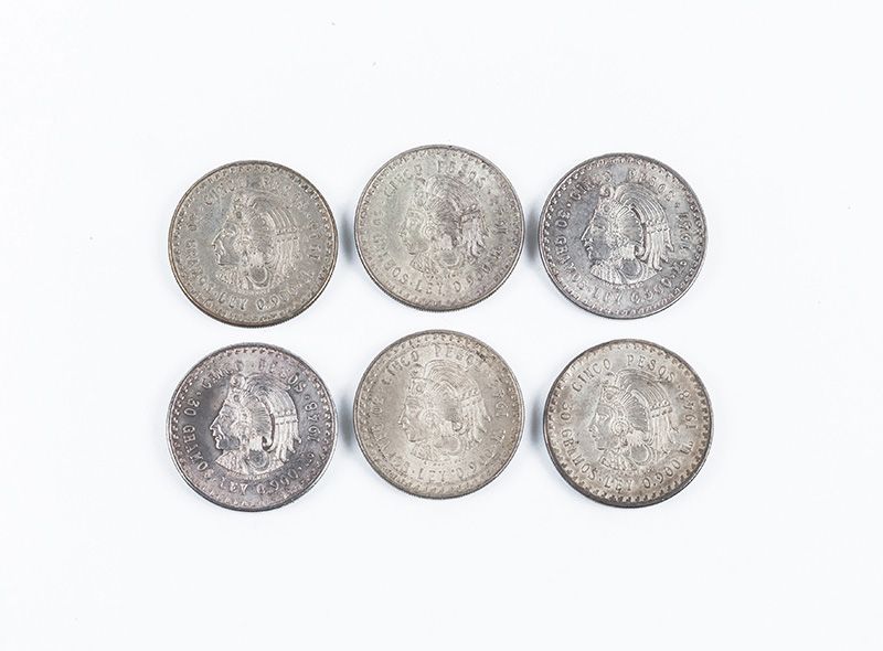 Null Lot von 6 Münzen MEXICO, 5 Silber Pesos (900 Tausend). 1947 und 1948 (5 Stü&hellip;