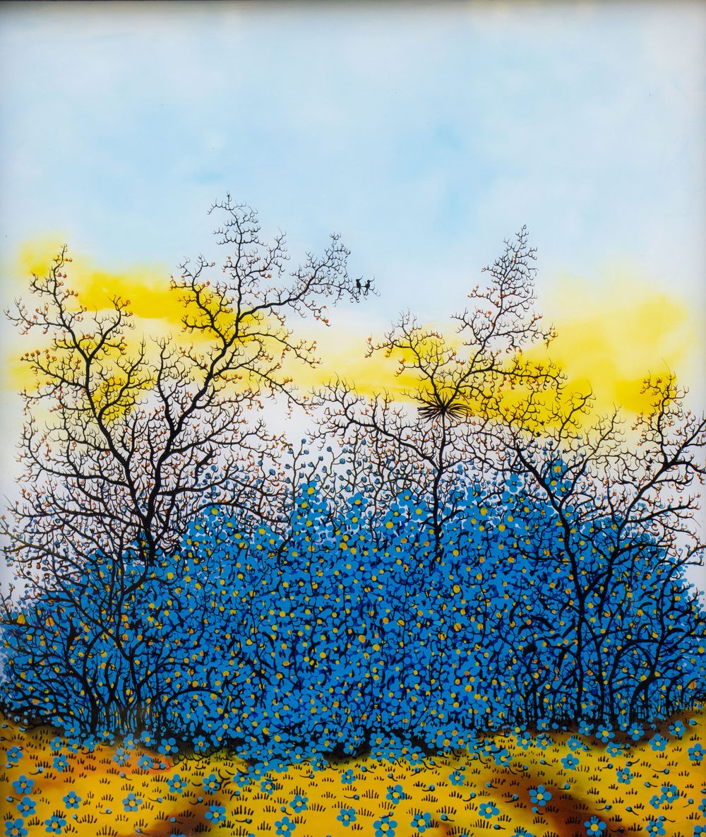 Hinterglasbild 'Frühling (blauer Busch)' / A reverse glass painting 'Springtime &hellip;