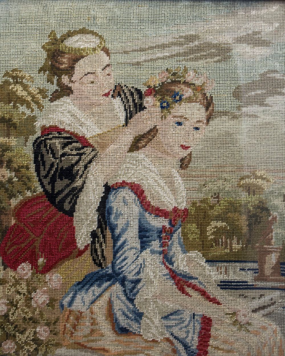 Stickbild 'Beim Flechten eines Blütenkranz' / Embroidery picture 'While broiding&hellip;