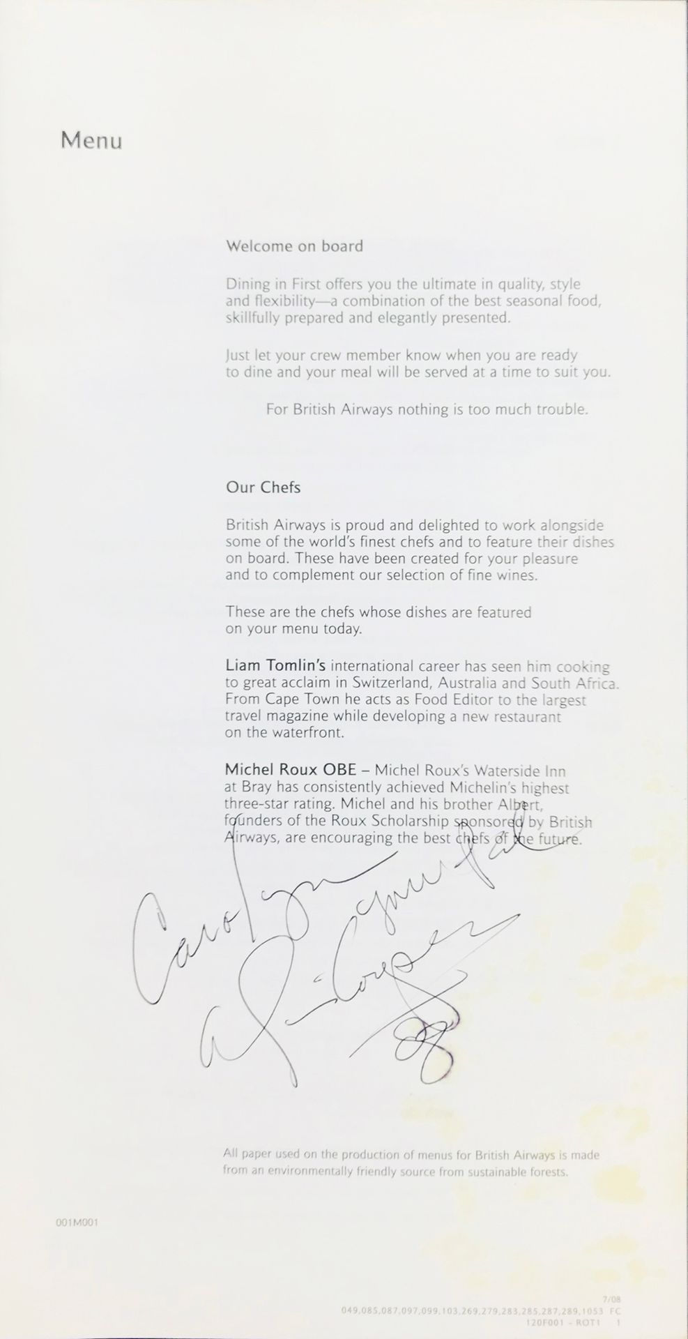 Alice COOPER. Autograph. Alice COOPER.19484to; 300x150 mm; British Airways menu &hellip;