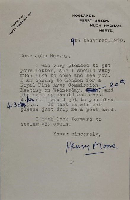 Autograph. Henry MOORE. Lettera firmata all’amico John Harvey. Henry MOORE. 1898&hellip;