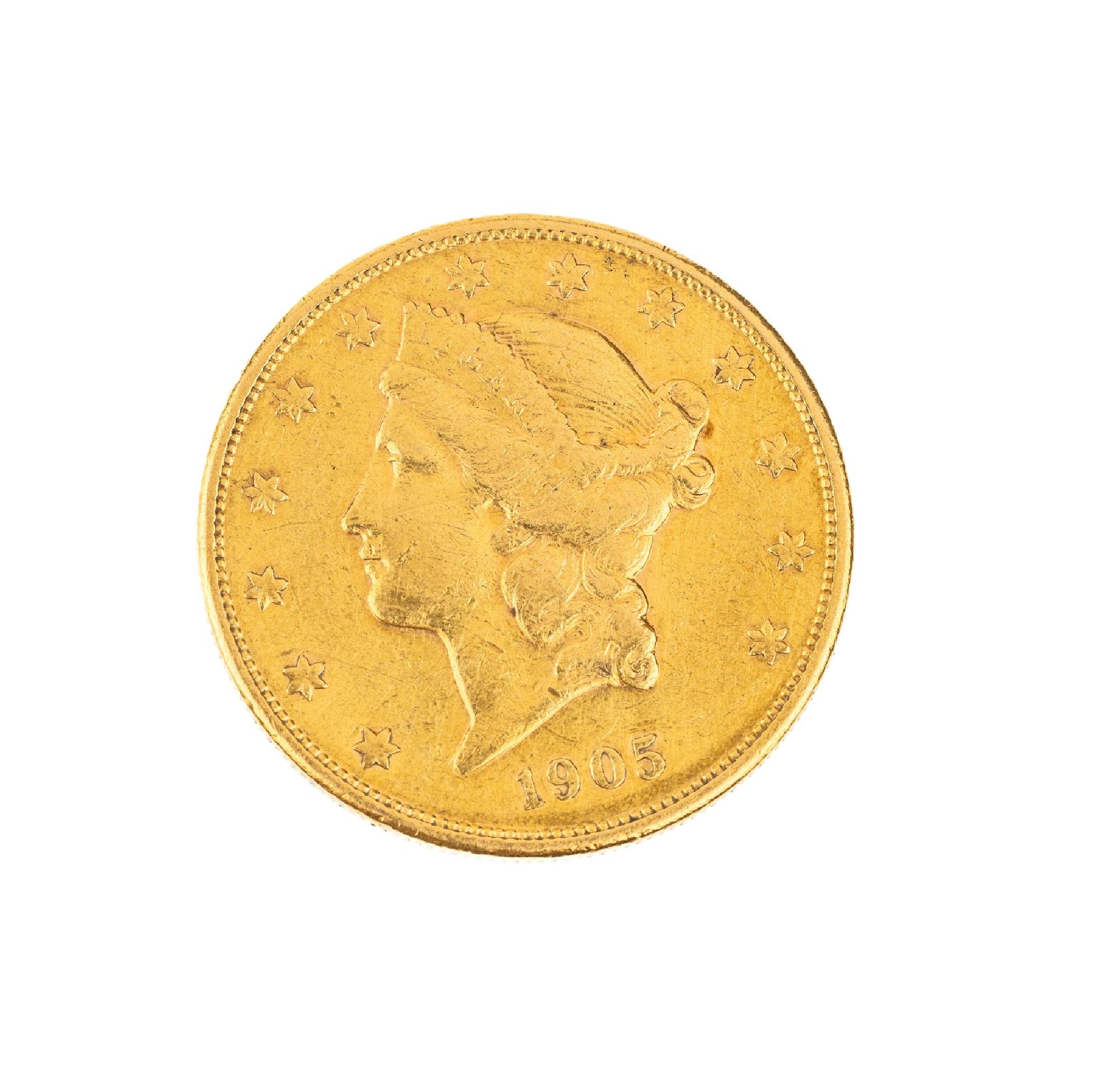 Null 金币 20 美元，美国 1905 年，自由女神头像，我们相信上帝