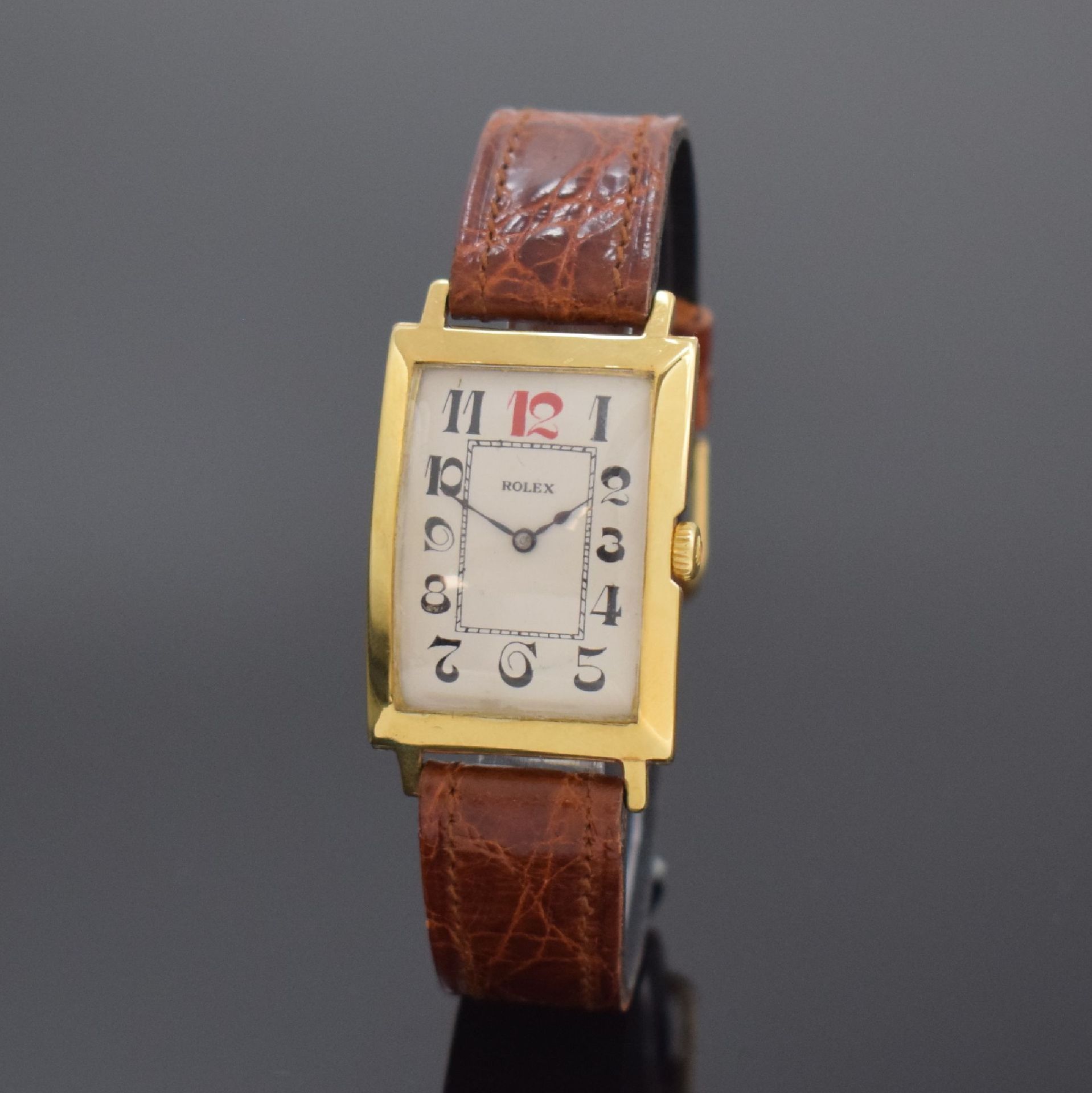Null ROLEX rechteckige Armbanduhr in 9k Gelbgold, Schweiz für England um 1930, H&hellip;
