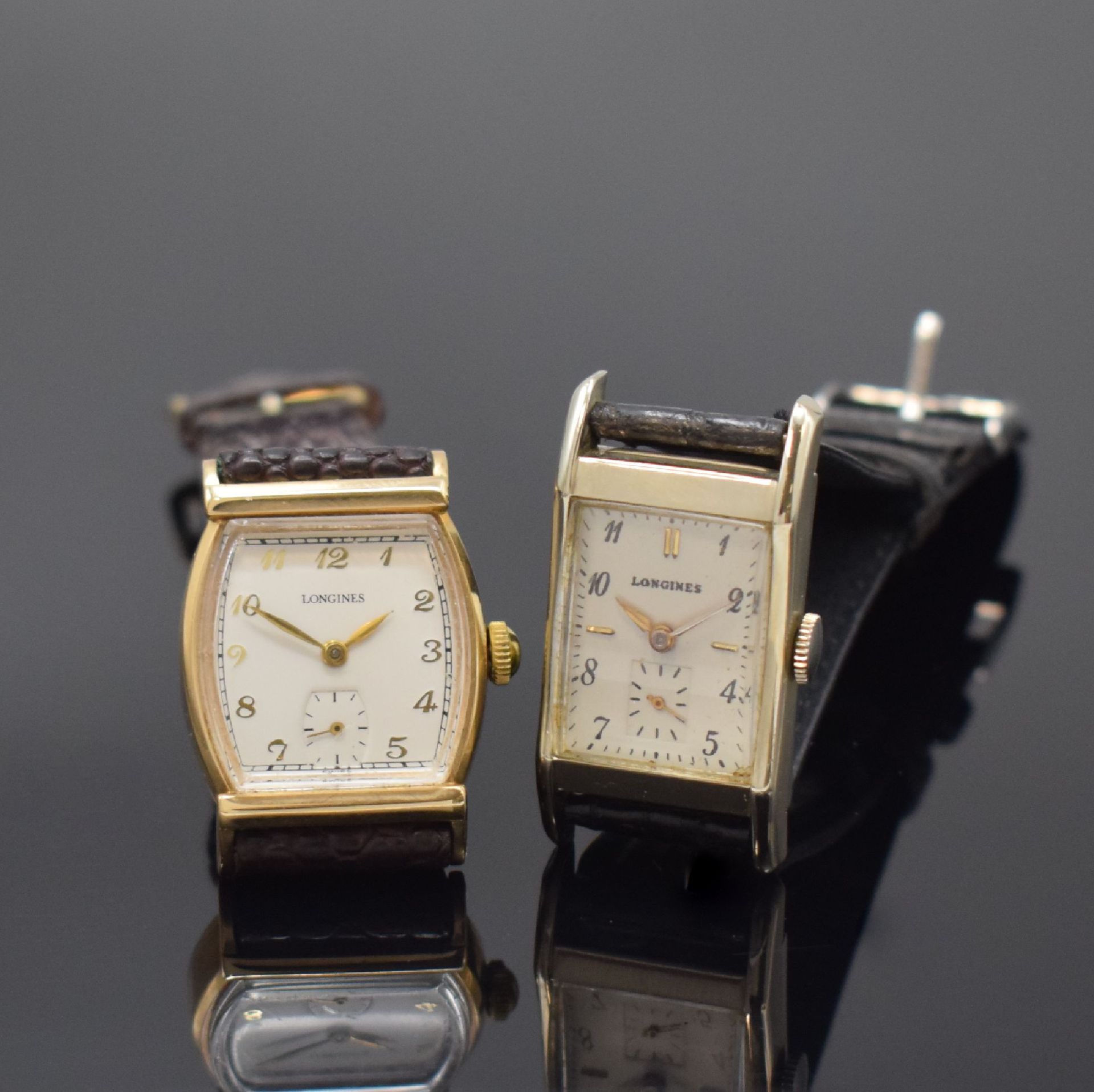Null LONGINES 2 montres-bracelets dorées, Suisse / USA vers 1948, remontage manu&hellip;