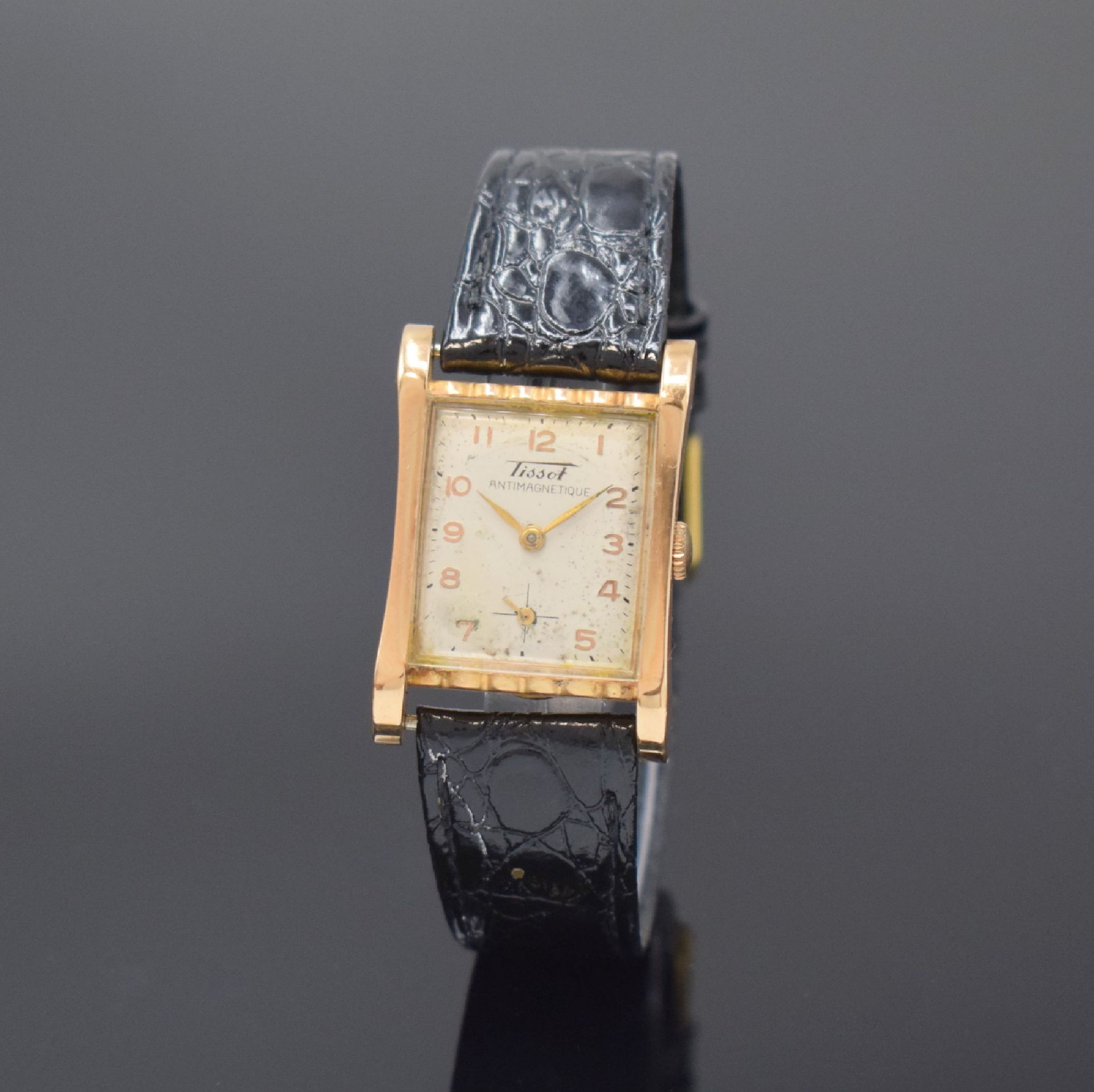Null TISSOT rectangular 18k pink gold wristwatch, Switzerland around 1950, manua&hellip;