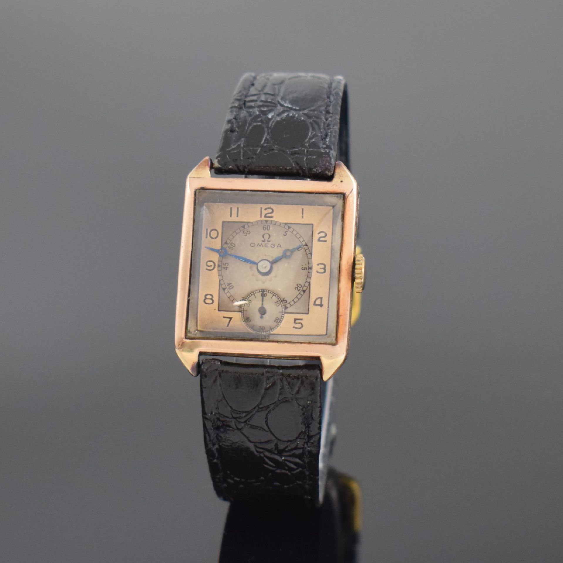 Null OMEGA square 9k pink gold wristwatch, Switzerland for England around 1925, &hellip;