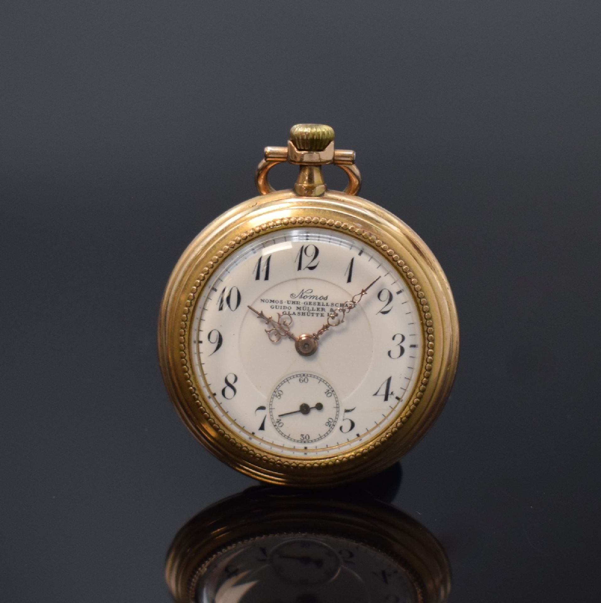 Null NOMOS open face gilt pocket watch, Germany around 1910, gold-plated case de&hellip;