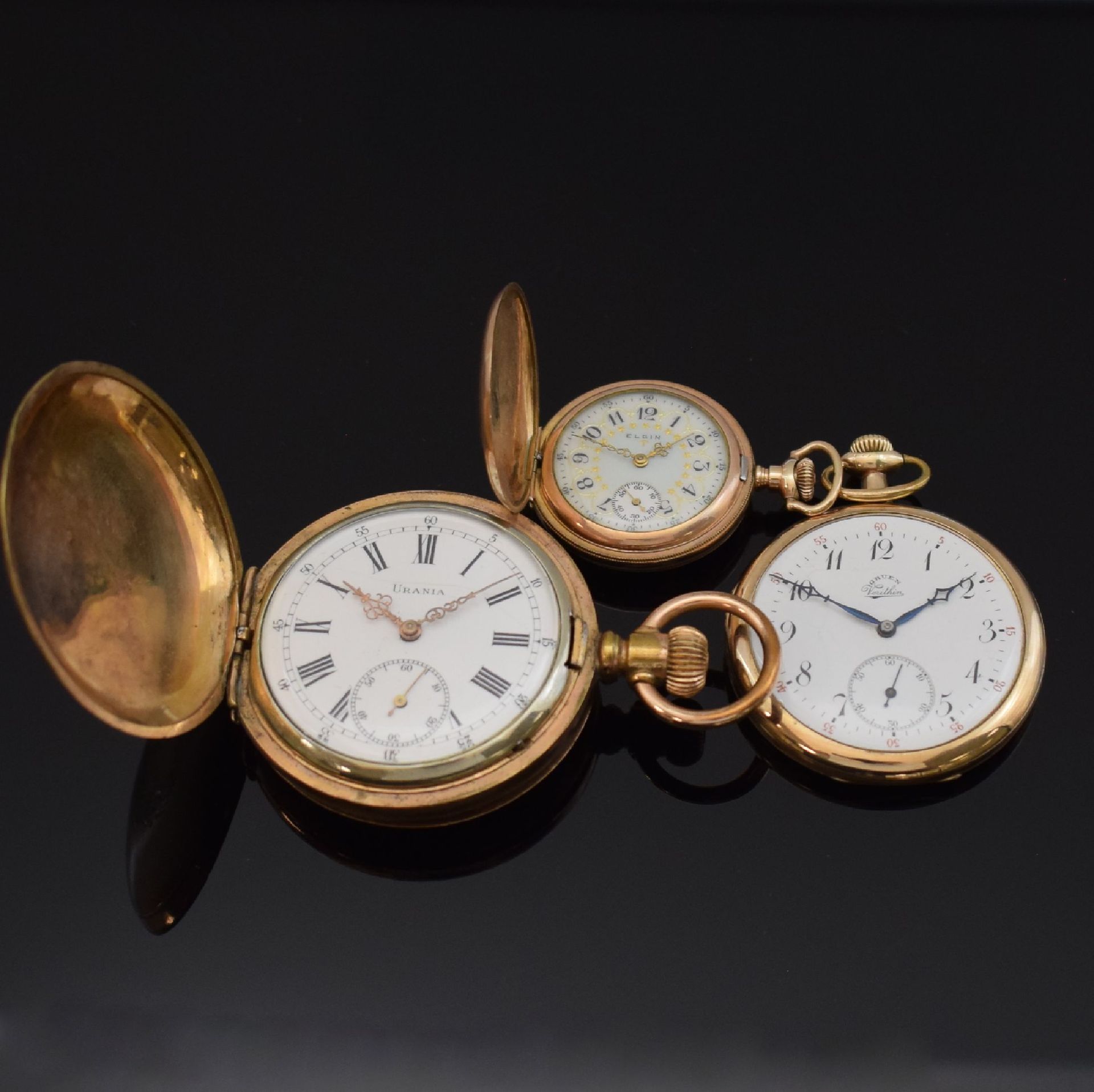 Null ELGIN, URANIA et GRUEN 2 montres de poche savonnette dorées et 1 montre de &hellip;