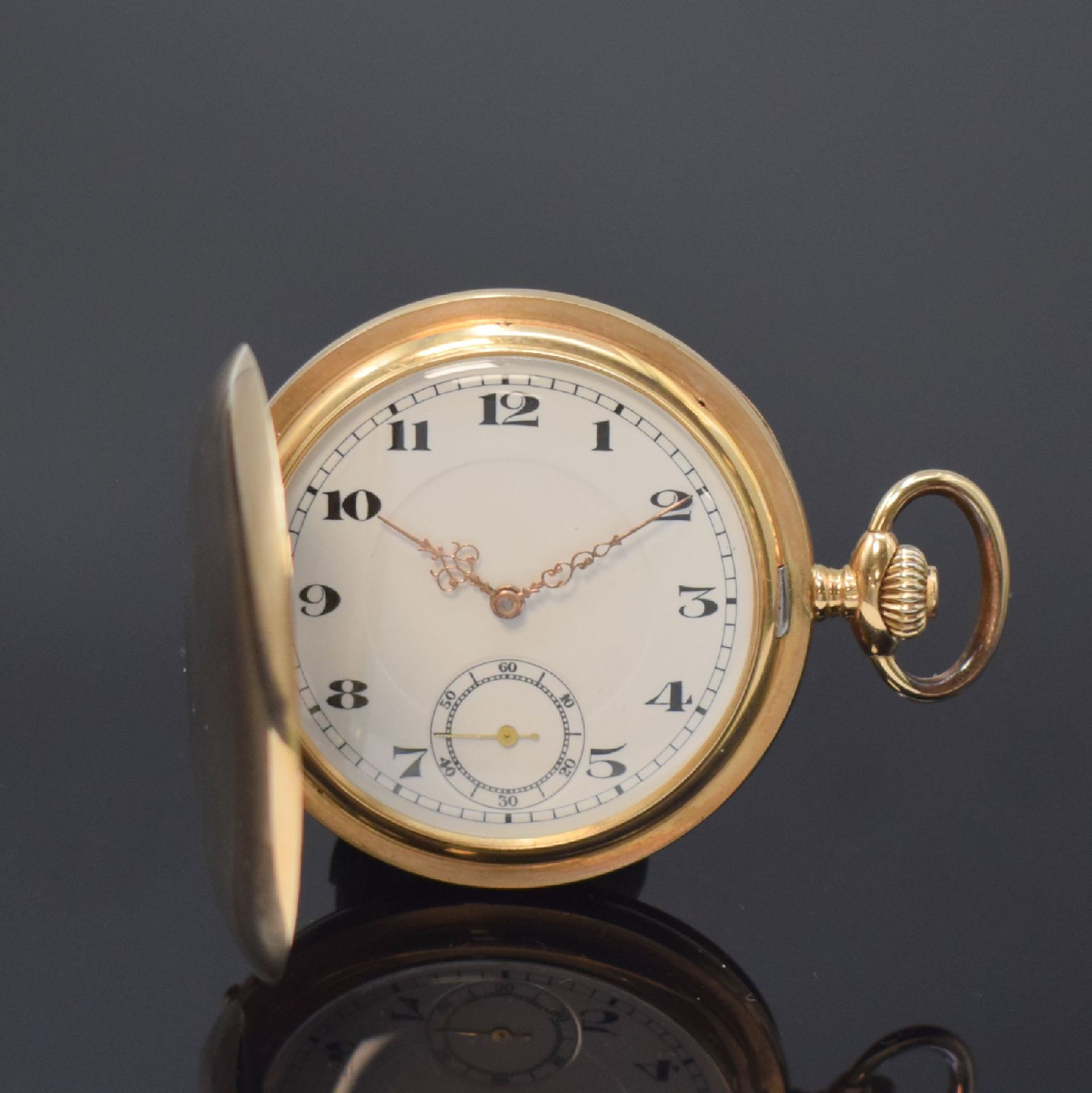 Null 14k pink gold hunting cased pocket watch, Switzerland around 1920, smooth c&hellip;