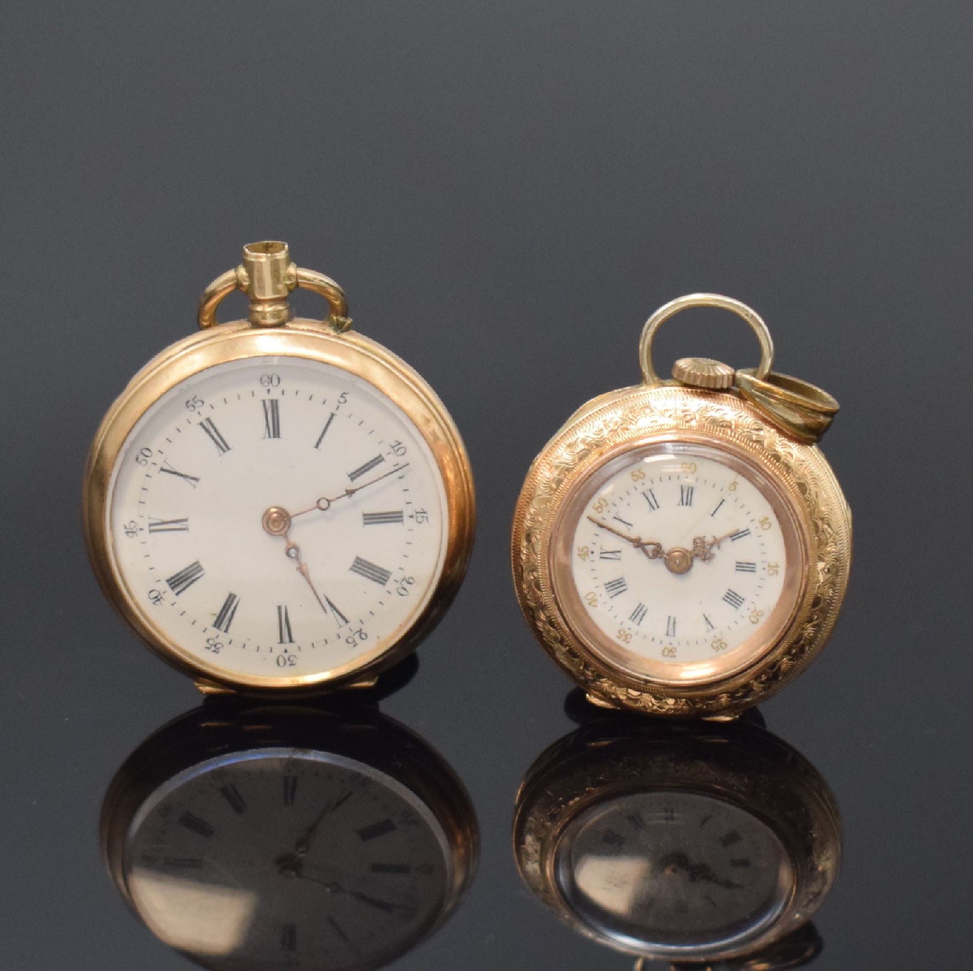 Null 2 Open face pocket watches in 14k pink gold, Switzerland around 1880/1900, &hellip;