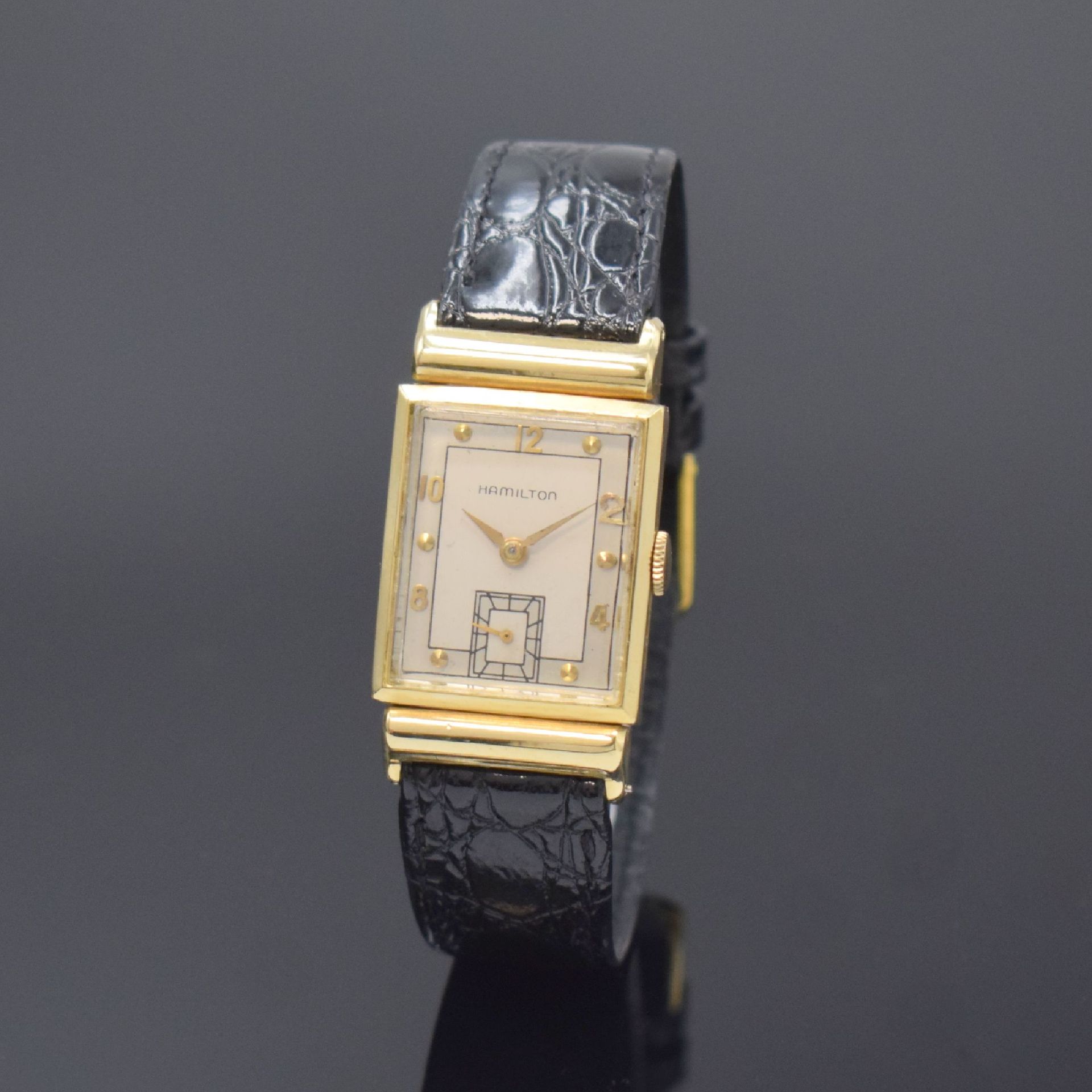 Null HAMILTON montre-bracelet rectangulaire en or jaune 14k, USA, vers 1950, rem&hellip;