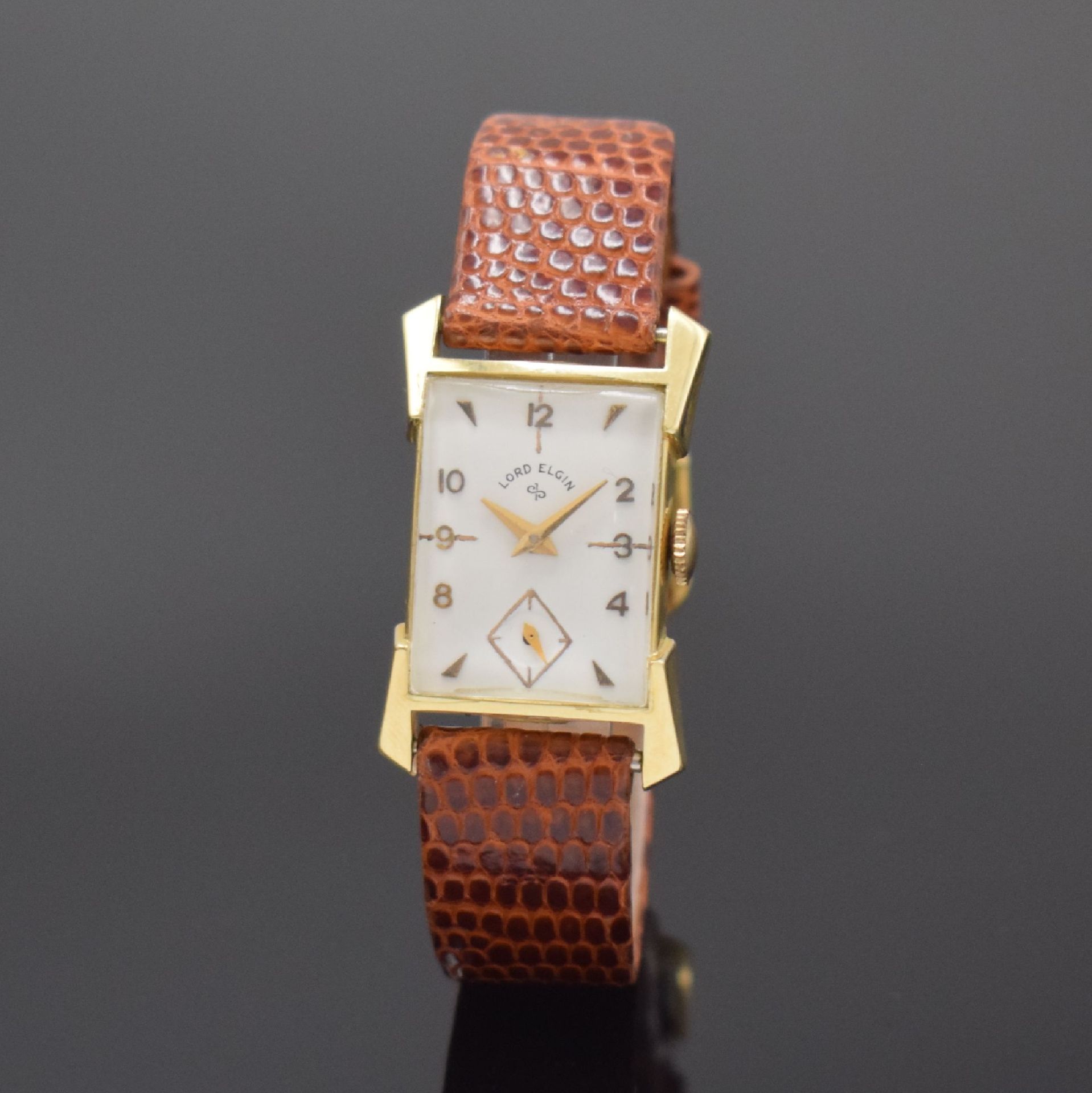 Null LORD ELGIN rectangular 14k yellow gold wristwatch, USA around 1950, manual &hellip;