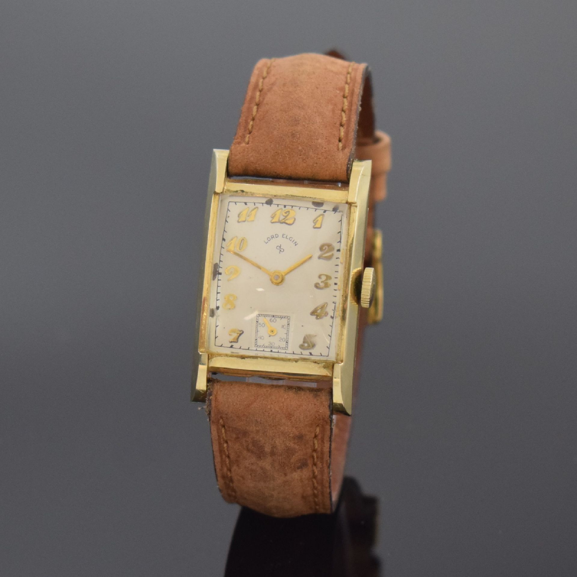 Null LORD ELGIN montre-bracelet rectangulaire en GG 585/000, USA vers 1945, remo&hellip;