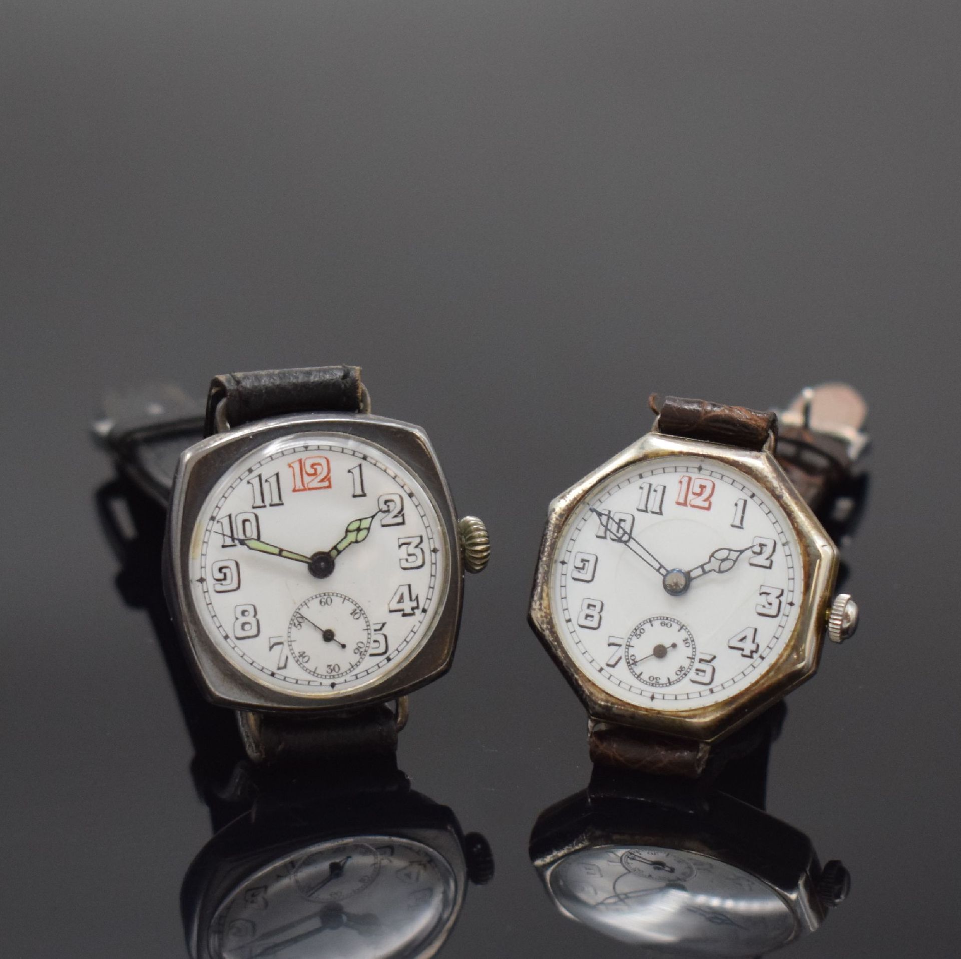 Null 2 early wristwatches with enamel-dials in silver / silvered, Switzerland ar&hellip;