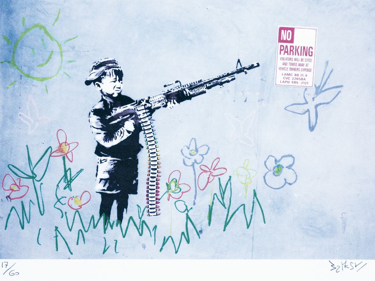 Null d'après Banksy, Crayola Shooter, signé et numéroté 17/60, env. 50x35cm