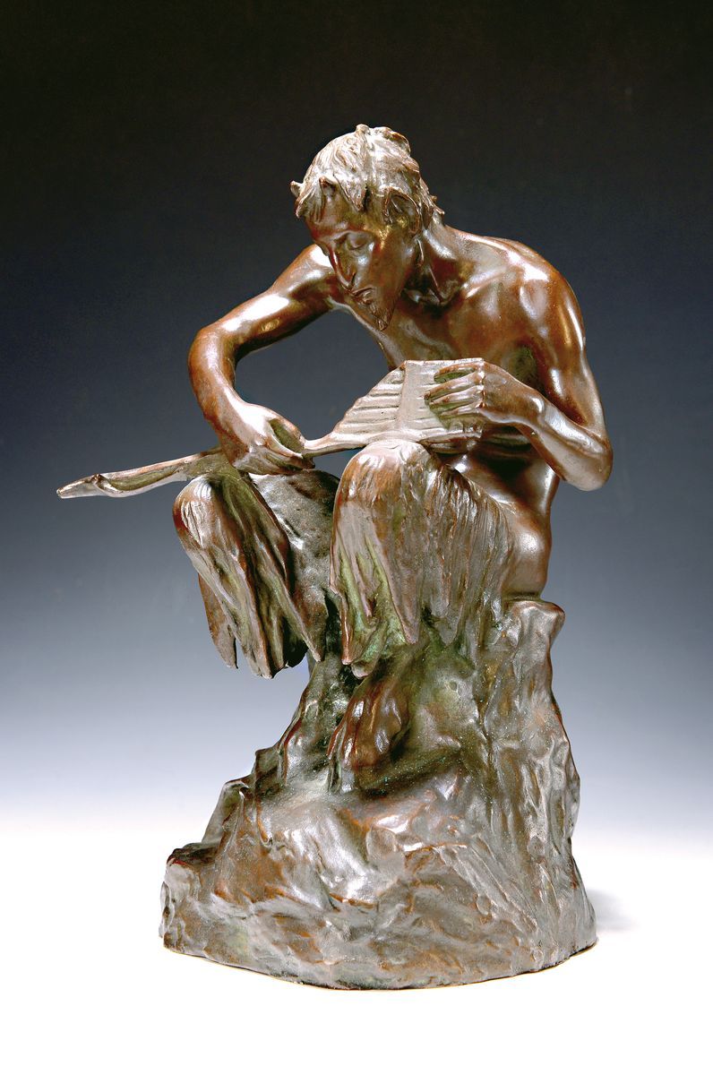 Null Monogrammiste EW, sculpture en bronze, patine brune, faune assis sur un roc&hellip;