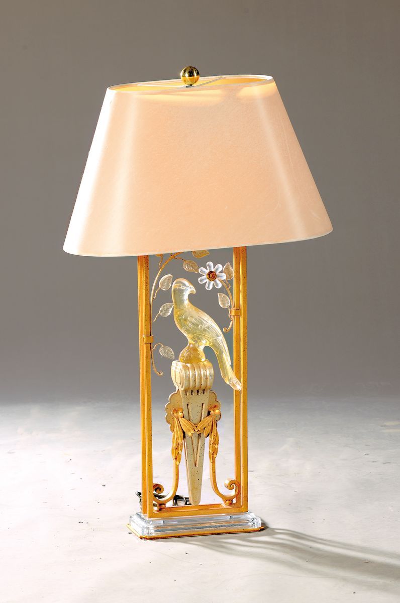 Null Grande lampe de table avec perroquet en verre, feuilles de verre et fleurs,&hellip;