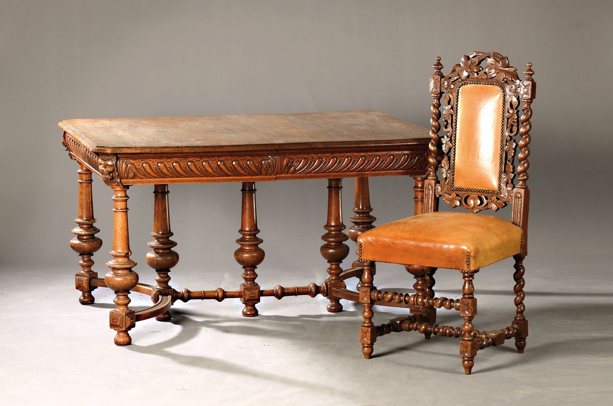 Null Grupo de mesa/mesa con 6 sillas, Historicismo, c. 1870, roble macizo, dos g&hellip;